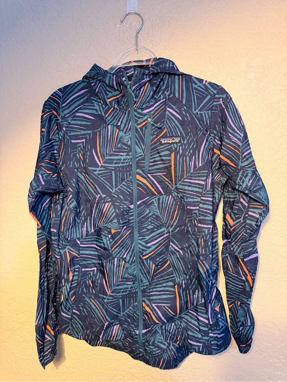 Patagonia Navy Hooded Windbreaker with Teal, Purple & Orange Print